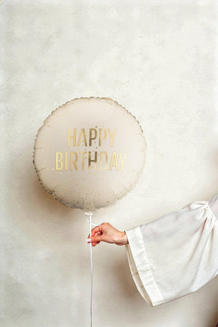 Folieballon rond Happy Birthday, 35x35 cm, crème Leeg van Partydeco koop je bij Partywinkel