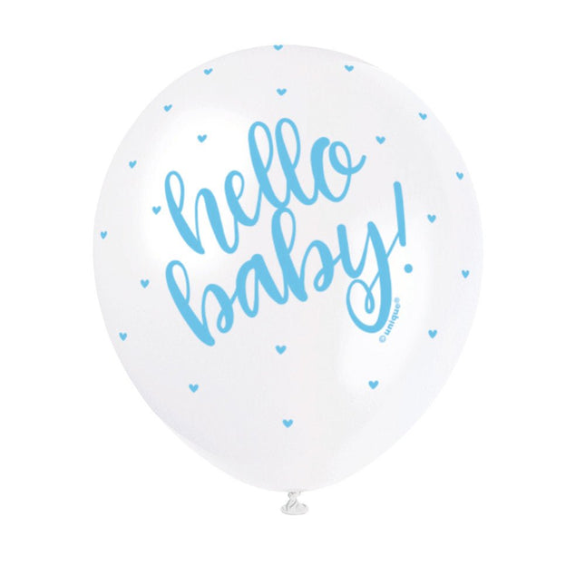 Geboorte Ballonnen Hello Baby Blauw 30cm 5st van Unique koop je bij Partywinkel