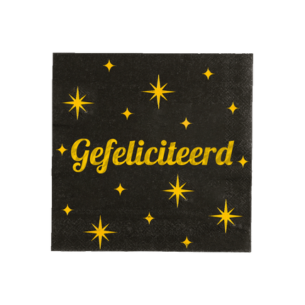 Gefeliciteerd Servetten Goud Zwart Sterren 19cm 16st van Paper Dreams koop je bij Partywinkel