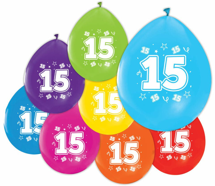 Gekleurde Ballonnen 15 Jaar 30cm 8st van WeFiesta koop je bij Partywinkel