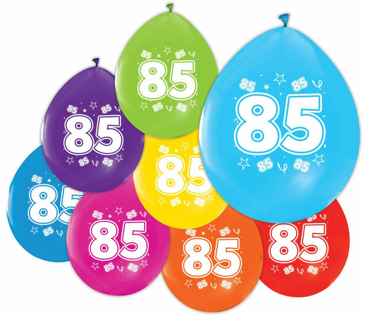 Gekleurde Ballonnen 85 Jaar 30cm 8st van WeFiesta koop je bij Partywinkel