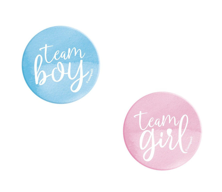 Gender Reveal Buttons Team Boy En Team Girl 3cm 10st van Unique koop je bij Partywinkel