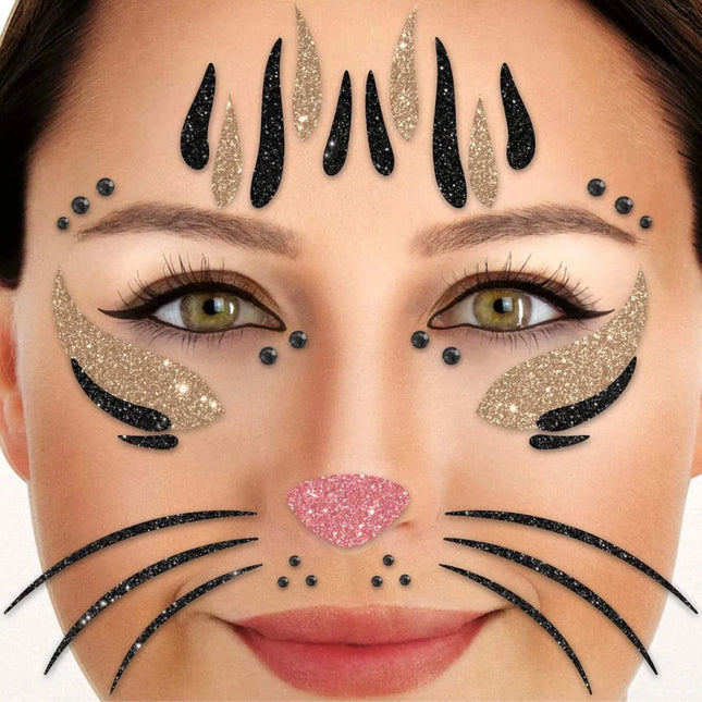 Goud Zwarte Nep Tattoos Gezicht Glitter Kat van VDV Benefit koop je bij Partywinkel
