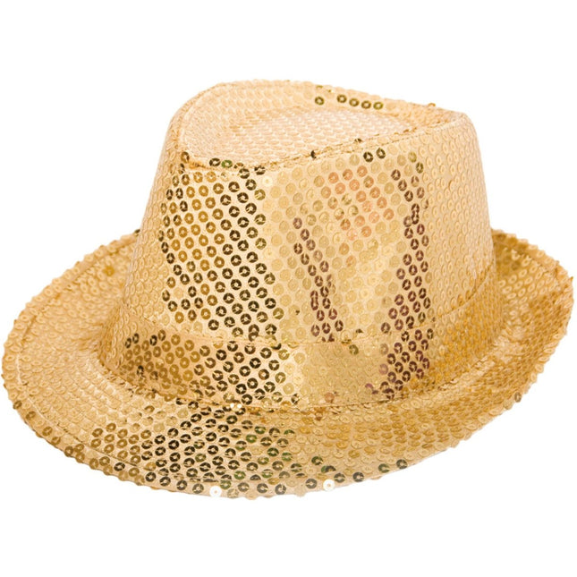 Gouden Trilby Hoed met Glitters van Folat koop je bij Partywinkel