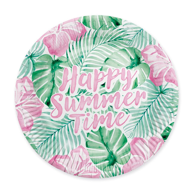 Groen Roze Borden Happy Summer Time 23cm van WeFiesta koop je bij Partywinkel