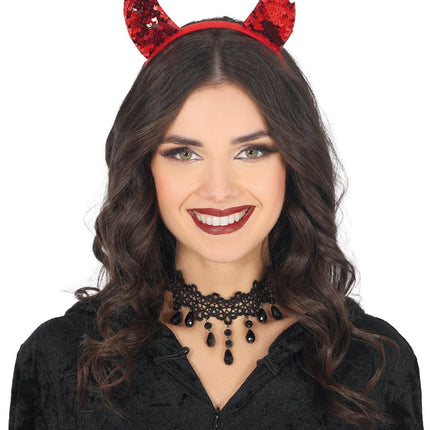 Halloween Haarband Rood Duivel Met Pailletten van Fiestas Guirca koop je bij Partywinkel