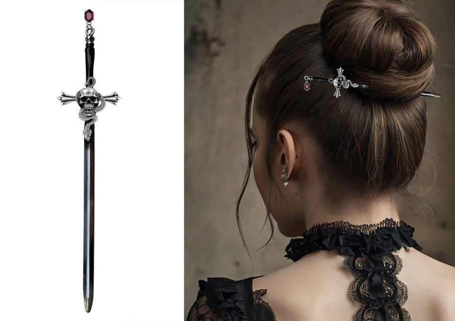 Halloween Haarspeldjes Zwart Zilver Zwaard 19cm van Fiestas Guirca koop je bij Partywinkel