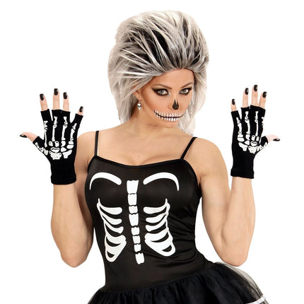 Halloween Handschoenen Zwart Wit Skelet Vingerloos van Widmann koop je bij Partywinkel