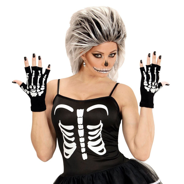 Halloween Handschoenen Zwart Wit Skelet Vingerloos van Widmann koop je bij Partywinkel