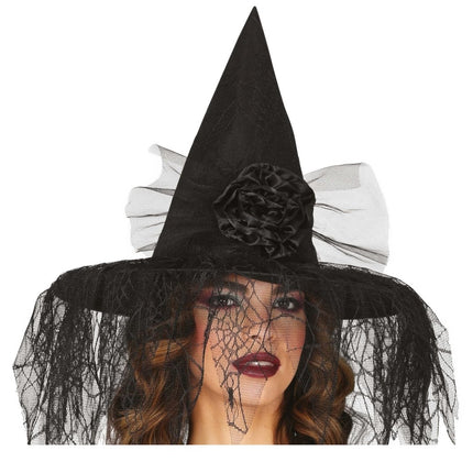 Halloween Heksenhoed Met Bloem En Sluier van Fiestas Guirca koop je bij Partywinkel