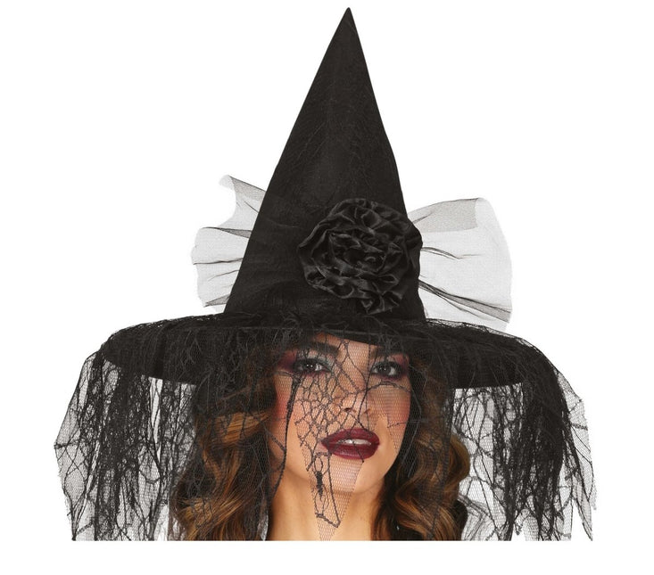 Halloween Heksenhoed Met Bloem En Sluier van Fiestas Guirca koop je bij Partywinkel