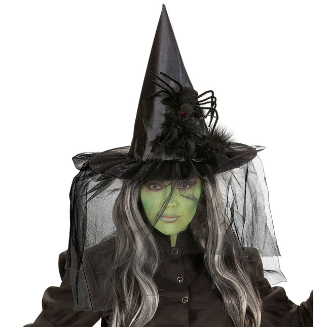Halloween Heksenhoed Met Sluier En Spin van Widmann koop je bij Partywinkel