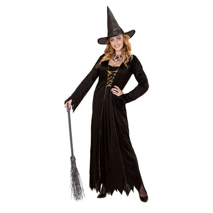 Halloween Kostuum Zwart Goud Dames Heks 2 delig van Widmann koop je bij Partywinkel