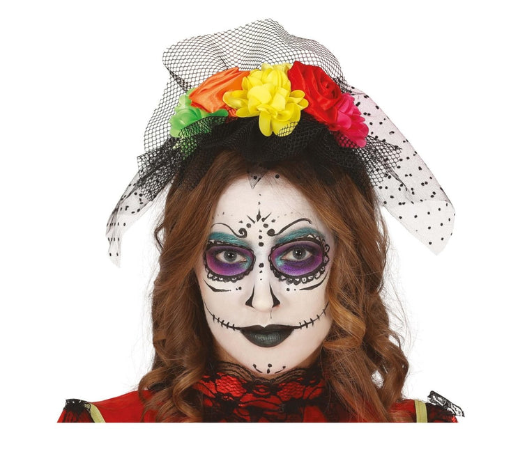 Halloween Tiara Bloemen En Sluier Gekleurd van Fiestas Guirca koop je bij Partywinkel
