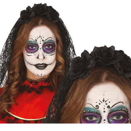 Halloween Tiara Bloemen En Sluier Zwart van Fiestas Guirca koop je bij Partywinkel