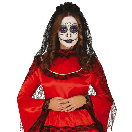Halloween Tiara Bloemen En Sluier Zwart van Fiestas Guirca koop je bij Partywinkel