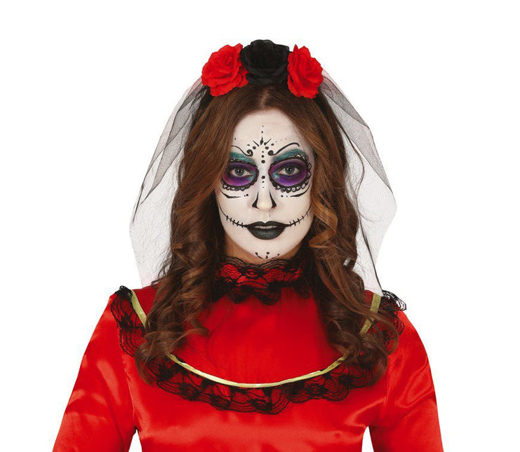 Halloween Tiara Sluier En Bloemen Rood van Fiestas Guirca koop je bij Partywinkel