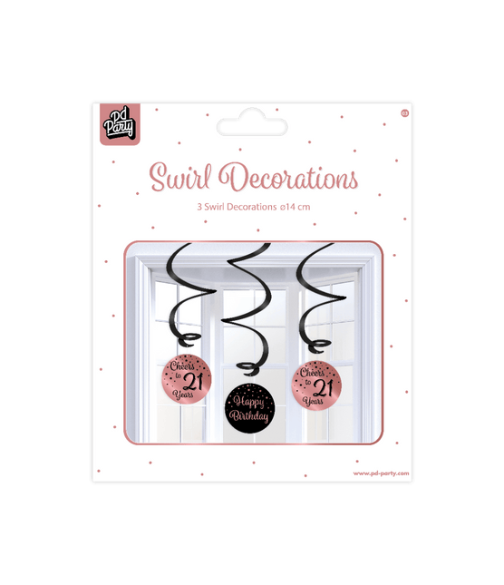 Hangdecoratie 21 Jaar Happy Birthday Zwart Roze 17cm 3st van Paper Dreams koop je bij Partywinkel