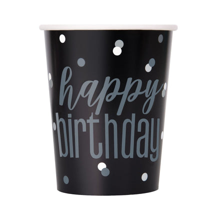 Happy Birthday Bekers Zwart 266ml 8st van Unique koop je bij Partywinkel