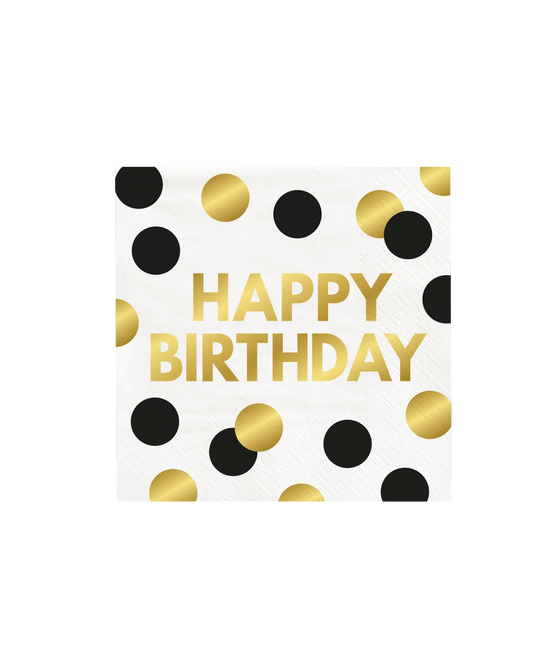 Happy Birthday Servetten Goud Zwart 16cm 16st van Paper Dreams koop je bij Partywinkel