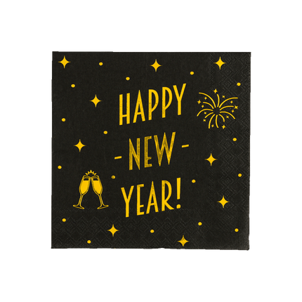 Happy New Year Servetten Zwart Goud 19cm 16st van Paper Dreams koop je bij Partywinkel