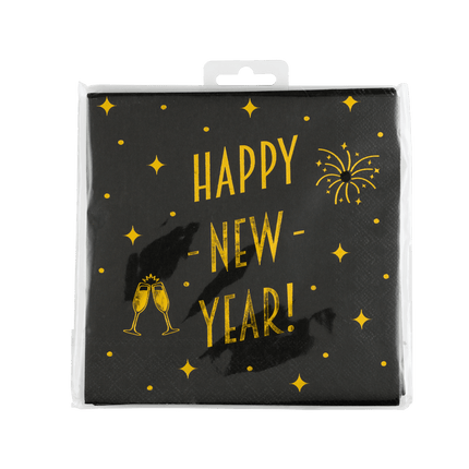 Happy New Year Servetten Zwart Goud 19cm 16st van Paper Dreams koop je bij Partywinkel