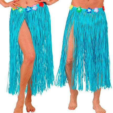 Hawaiirokje Lichtblauw Met Bloemenriem 80cm van Widmann koop je bij Partywinkel