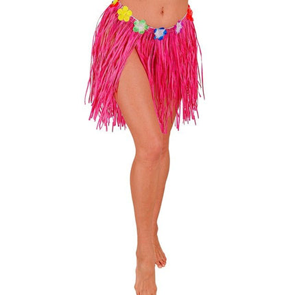 Hawaiirokje Roze Met Bloemenriem 40cm van Widmann koop je bij Partywinkel