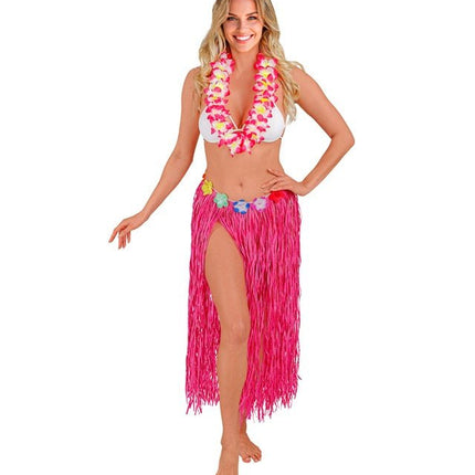 Hawaiirokje Roze Met Bloemenriem 80cm van Widmann koop je bij Partywinkel