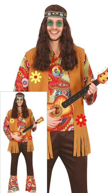 Hippie 60S Kostuum Gekleurd Heren Met Bruin Vest van Fiestas Guirca koop je bij Partywinkel