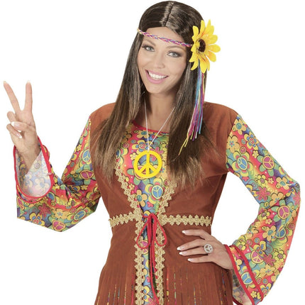Hippie 60S Pruik Bruin Met Zonnebloem Haarband van Widmann koop je bij Partywinkel