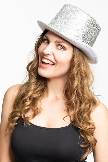 Hoge Hoed Glitter Zilver van Partychimp koop je bij Partywinkel