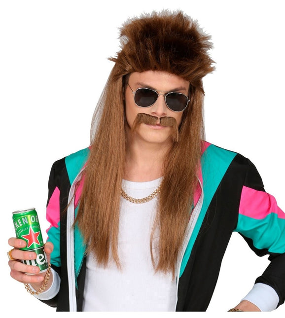 Jaren 80 Pruik Aso Bruin met Snor van Widmann koop je bij Partywinkel