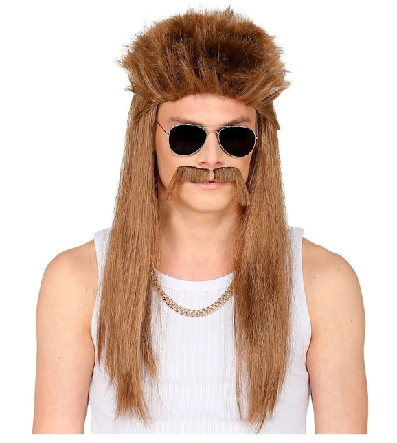 Jaren 80 Pruik Aso Bruin met Snor van Widmann koop je bij Partywinkel