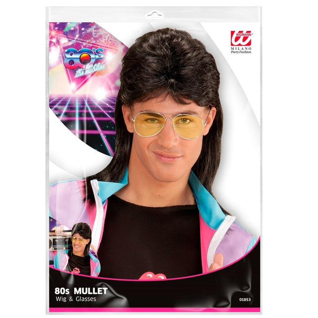 Jaren 80 Pruik Aso Zwart met Bril van Widmann koop je bij Partywinkel