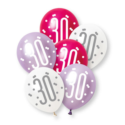 6ct Glitz Pink Number 30 Pearl Premium 30cm Latex Balloons