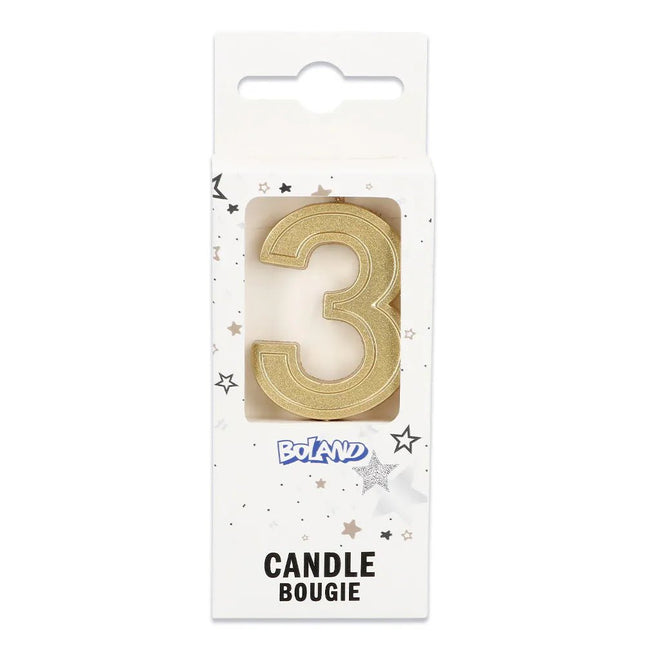 Kaarsje Elegant '3' goud op prikker (3 x 4,2 x 0,7 cm) van Boland koop je bij Partywinkel