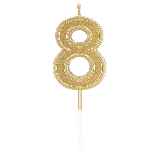 Kaarsje Elegant '8' goud op prikker (3 x 4,2 x 0,7 cm) van Boland koop je bij Partywinkel