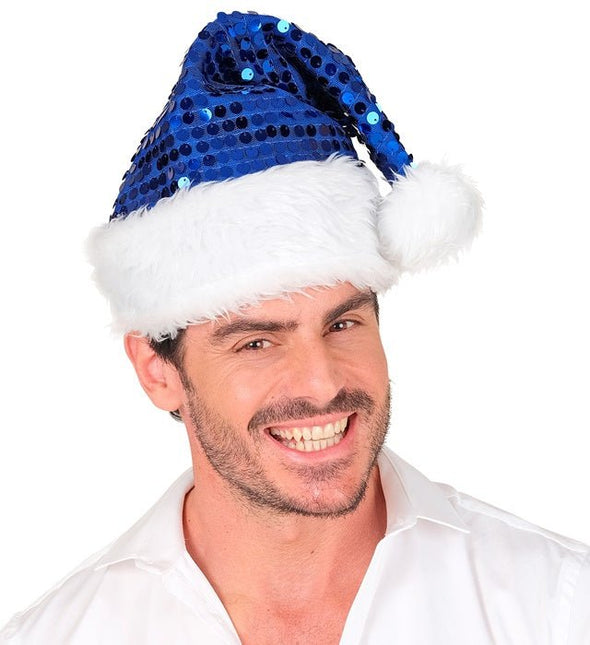 KERSTMAN MUTS PLUCHE EN PAILLETTEN BLAUW van Widmann koop je bij Partywinkel