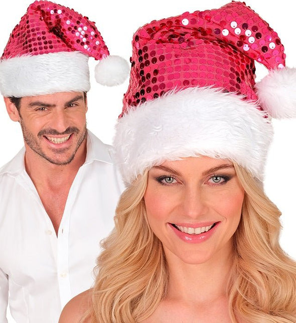 KERSTMAN MUTS PLUCHE EN PAILLETTEN ROZE van Widmann koop je bij Partywinkel