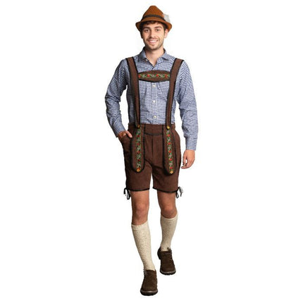 Lederhose Donkerbruin Kort + Blouse Blauw van Partychimp koop je bij Partywinkel