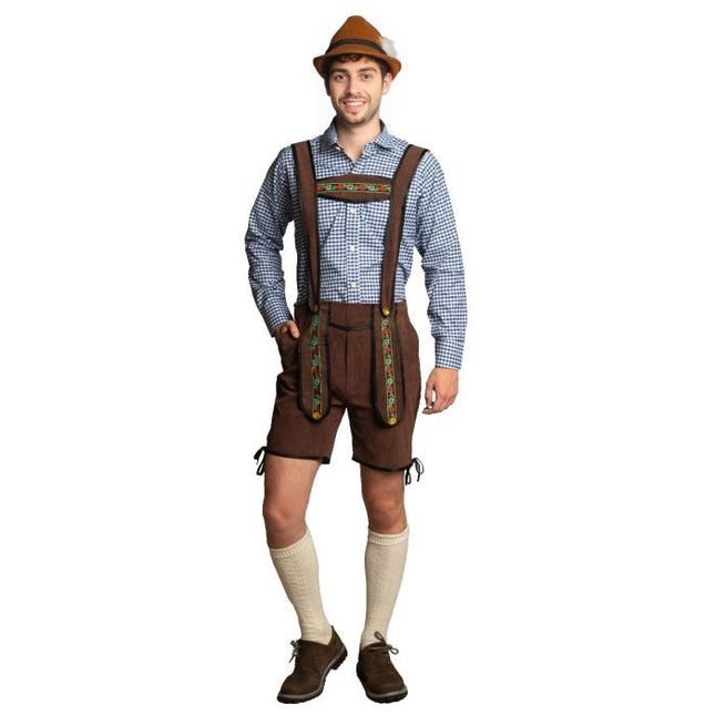 Lederhose Donkerbruin Kort + Blouse Blauw van Partychimp koop je bij Partywinkel