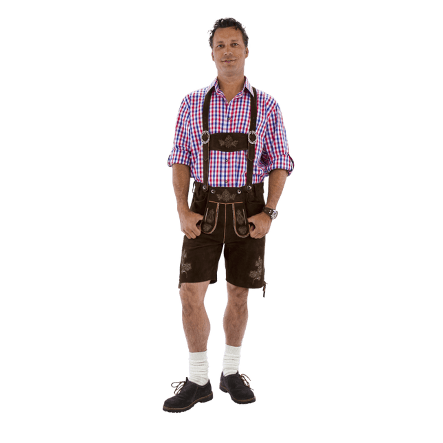 Lederhose kort bruin GEITENLEER/ kurz braun ZIEGENLEDER van Haus Huberts koop je bij Partywinkel