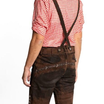 Lederhose Leer Kort Donkerbruin Gestikt en Bretels van Tannhauser koop je bij Partywinkel