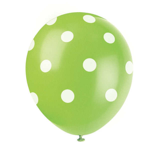 Lime Groene Ballonnen Witten Stippen 30cm 6st van Unique koop je bij Partywinkel