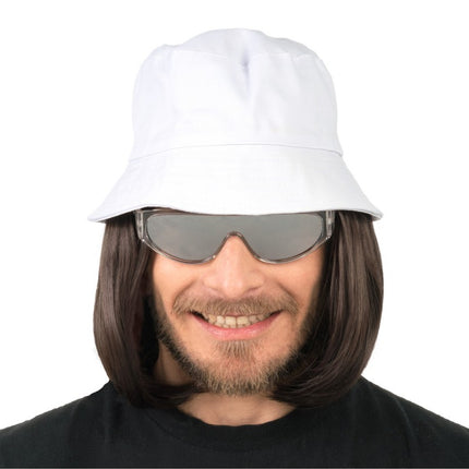 Lorenzo - Tummanruskeat hiukset peruukki valkoisella kauhahatulla