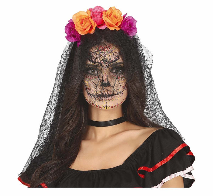 Paars Oranje Haarband Met Sluier van Fiestas Guirca koop je bij Partywinkel