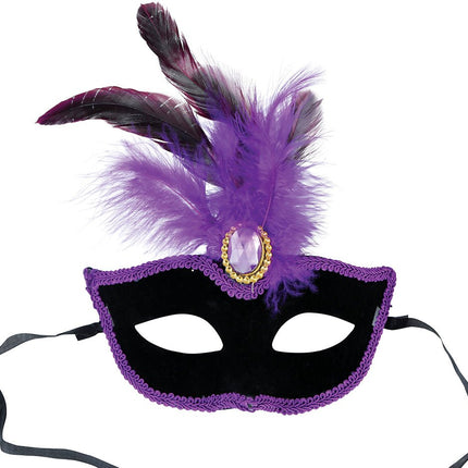 Paars Zwarte Oogmasker Veren van Fiestas Guirca koop je bij Partywinkel