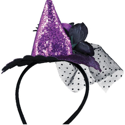 Paarse Halloween Haarband Mini Heksenhoed van Fiestas Guirca koop je bij Partywinkel
