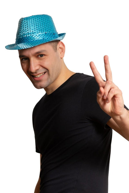 Pailletten Hoedje Turquoise met licht incl Batterijen van Partychimp koop je bij Partywinkel